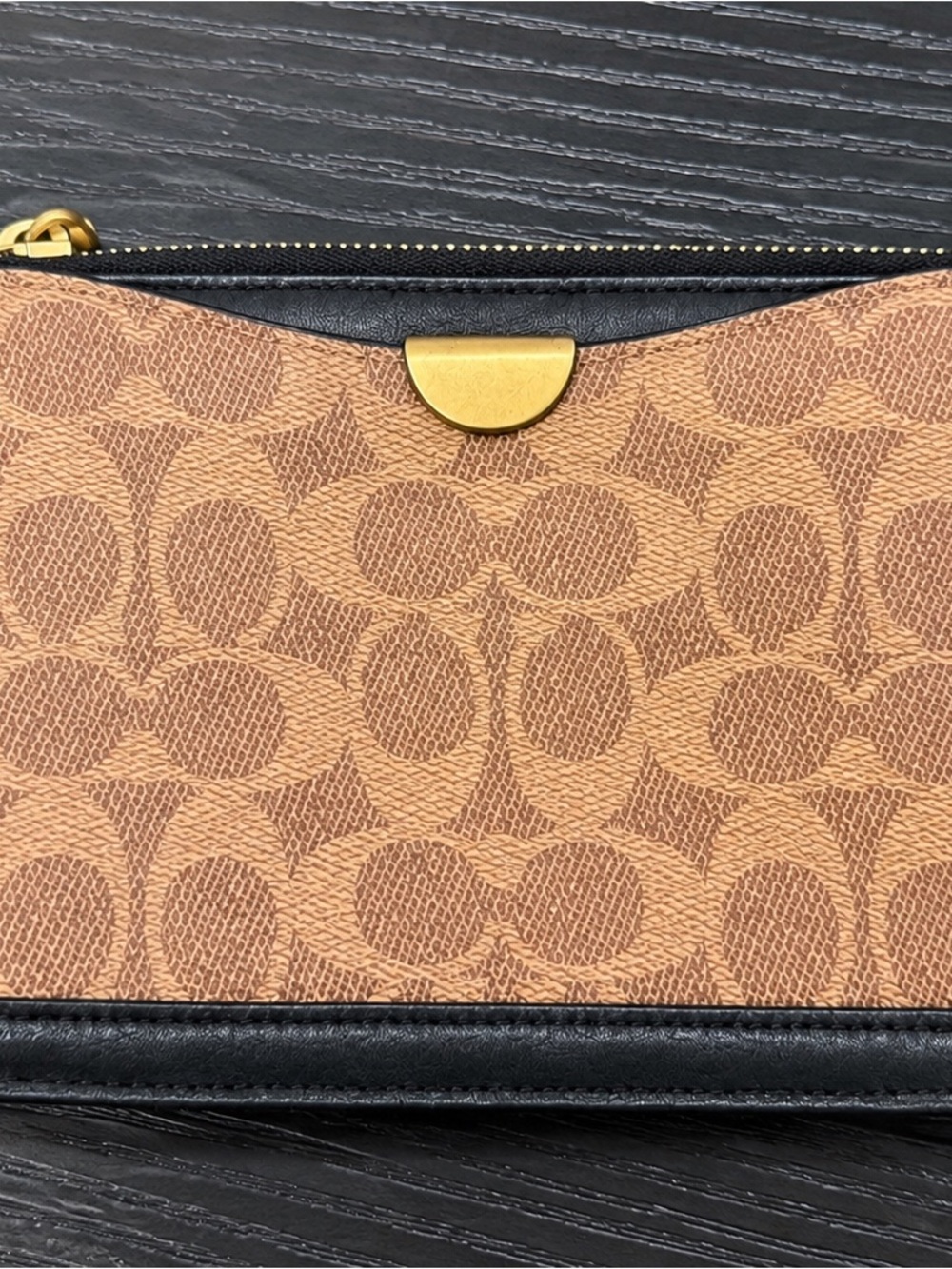 Coach Tan and Black Signature Zip Wallet with Gold Hardware